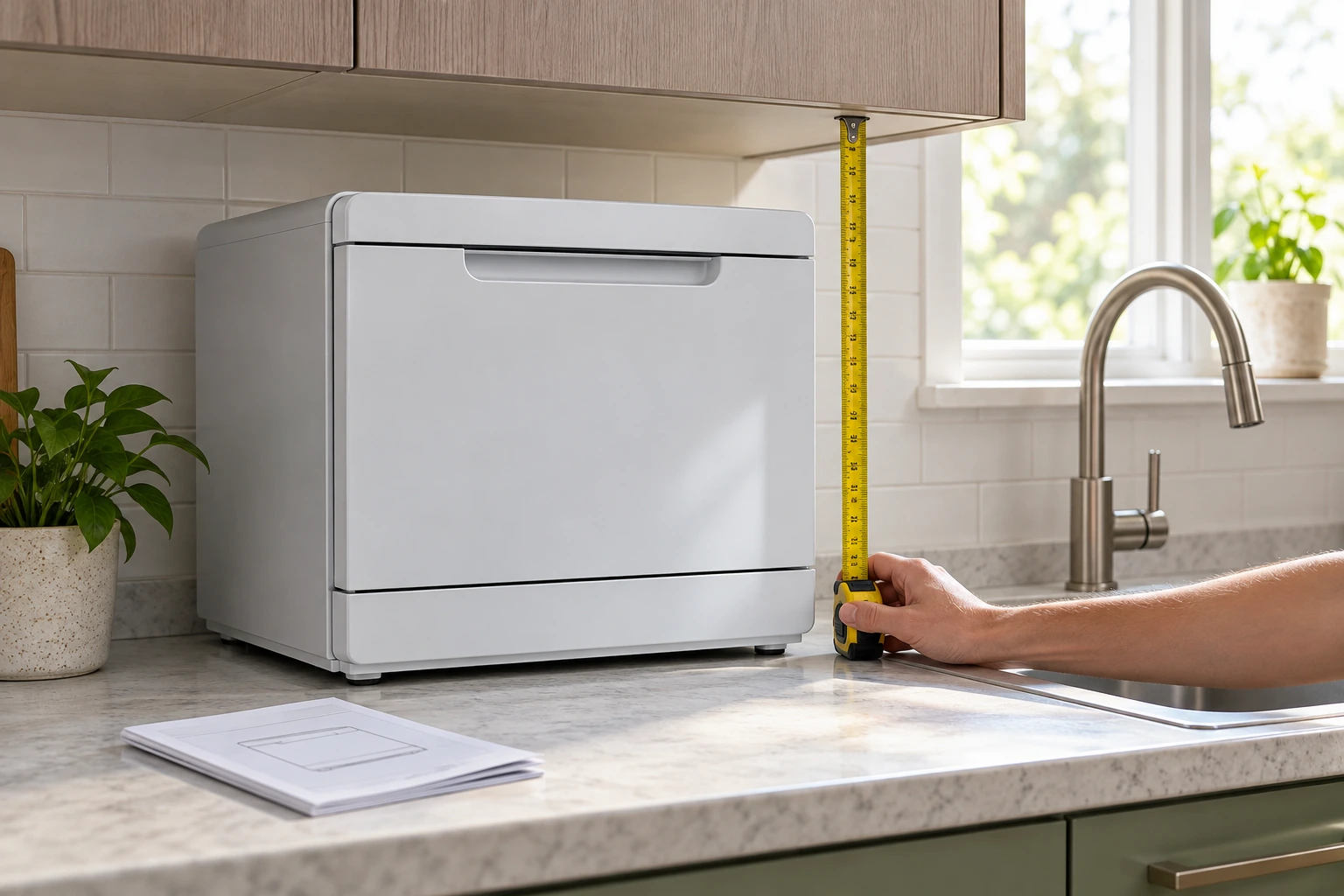 how to solve countertop dishwasher placement problems before buying by measuring cabinet clearance beside a compact unit and sink.