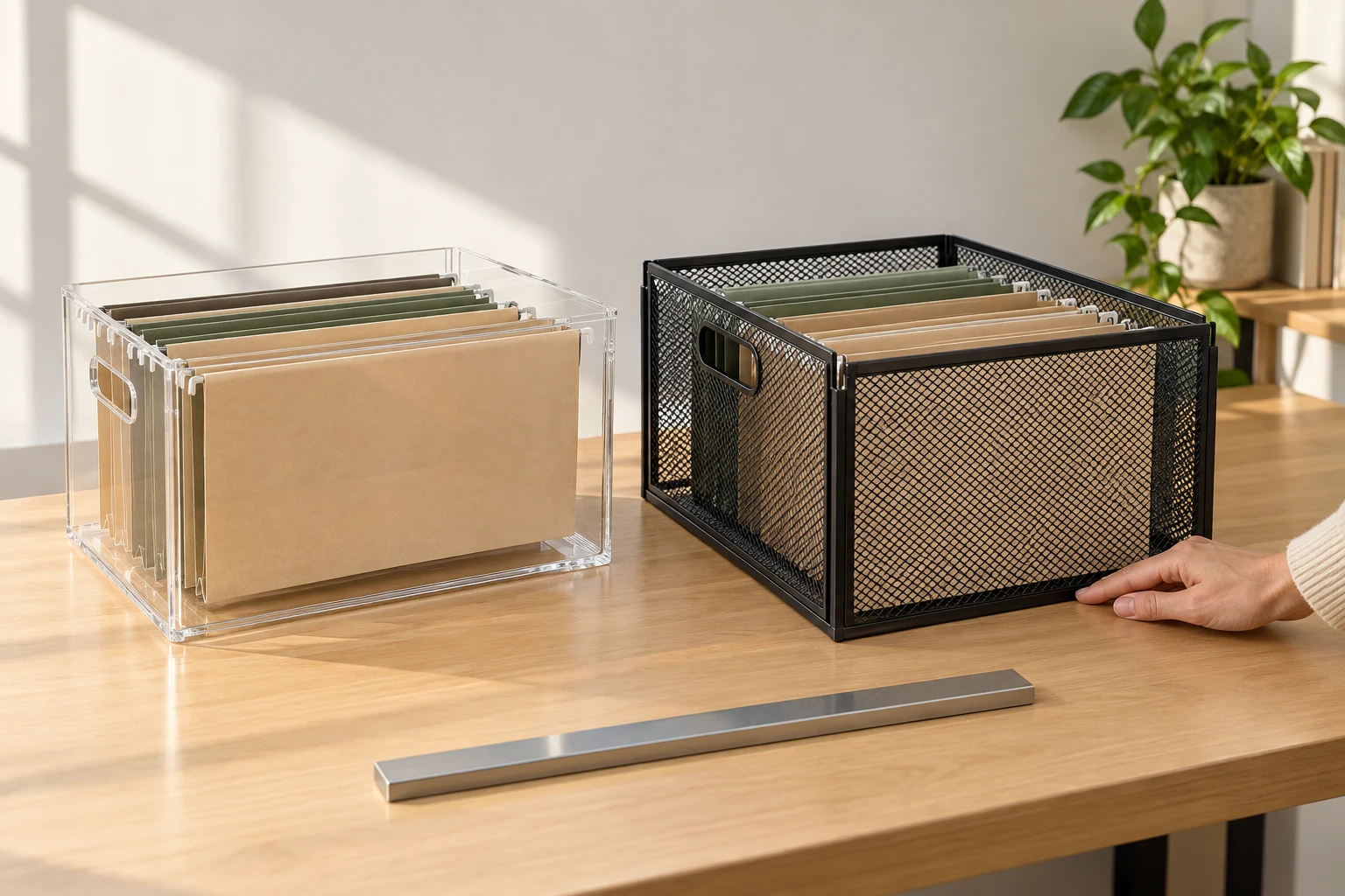 hanging file box wobble diagnosis at a desk, comparing a clear rigid acrylic box with a foldable metal mesh crate during a base-corner check
