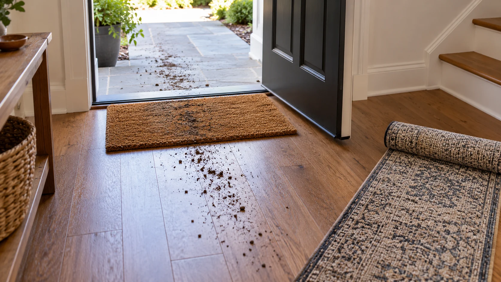 Tracing why an entry mat still lets dirt inside as grit continues past a coir doormat toward an uninstalled indoor runner.