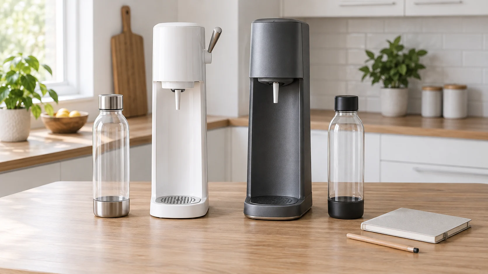 SodaStream cylinder exchange cost illustrated conceptually by two whole generic inactive sparkling-water makers beside separate empty bottles, a notebook and pencil.