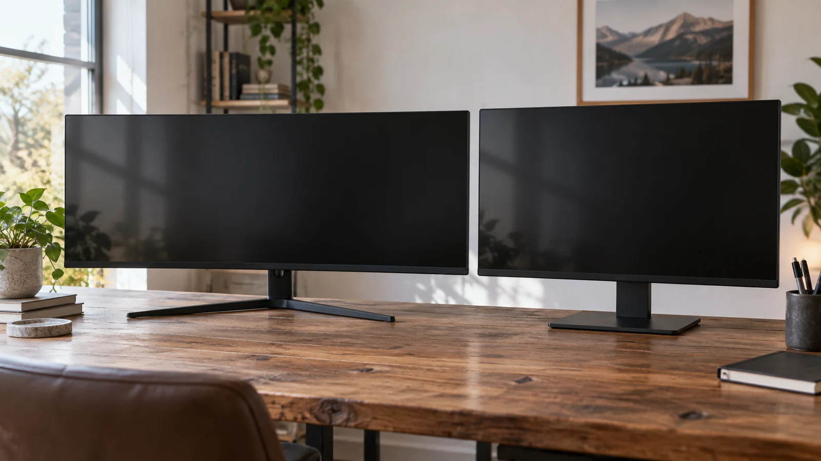 Gawfolk 34-inch ultrawide: Two unbranded monitors with dark screens stand side by side on a wooden desk.