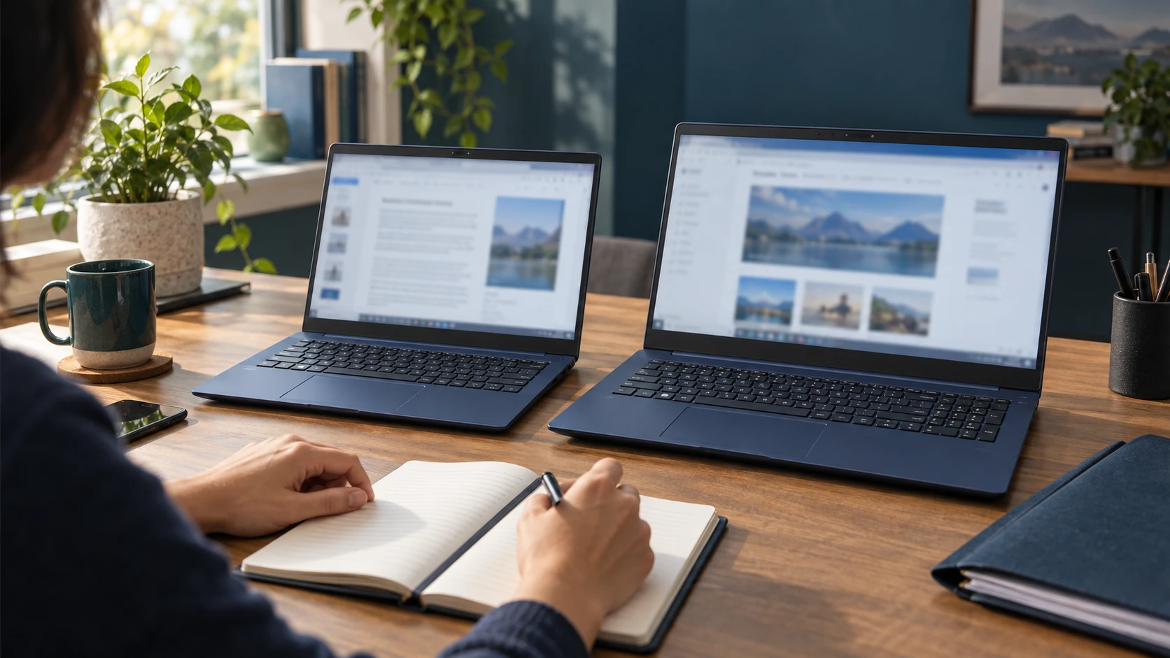 Illustrative desk scene for the ASUS Vivobook 14 vs Lenovo IdeaPad 15.6 buying guide, showing a buyer comparing two generic blue laptops with blurred document screens beside a notebook and folder.