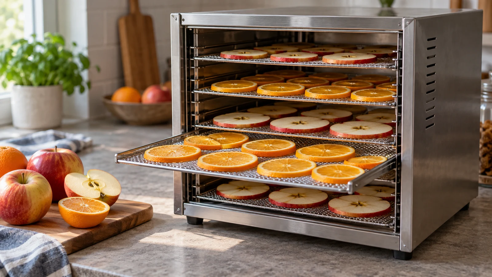 dehydrator tray rotation: An open metal dehydrator holds sliced fruit with one tray extended over a kitchen counter.