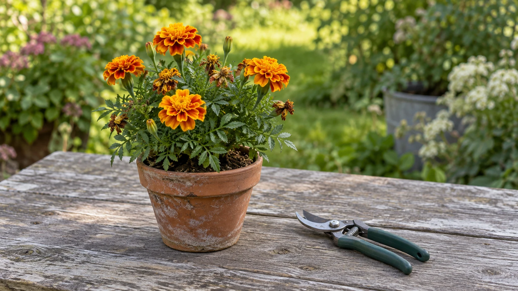Deadheading annual flowers concept with a whole potted marigold and whole generic pruning shears resting separately on a garden table.