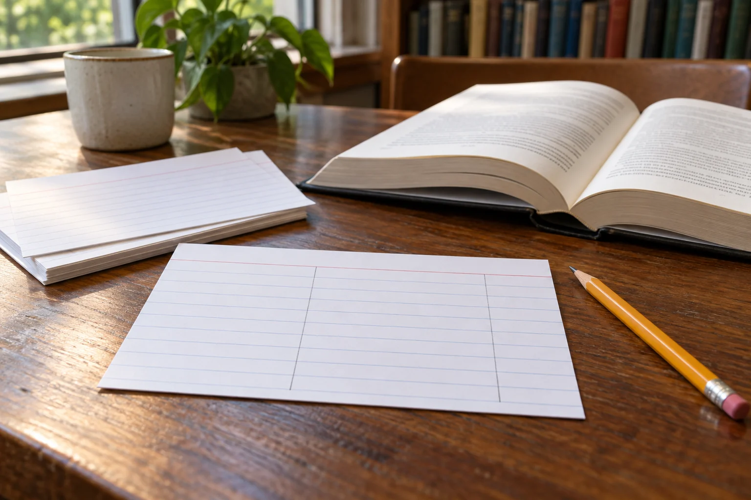 Source note cards beside an open reference book, with separate spaces for an excerpt, interpretation and source locator.