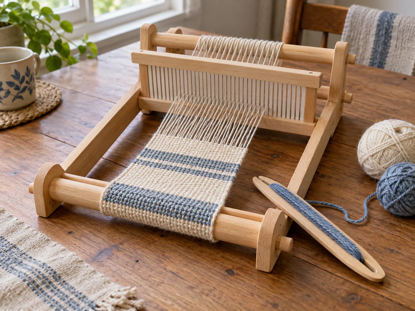 Conceptual first weaving sampler on a complete small wooden loom with cream and blue yarn; the scene does not depict either exact retail model.