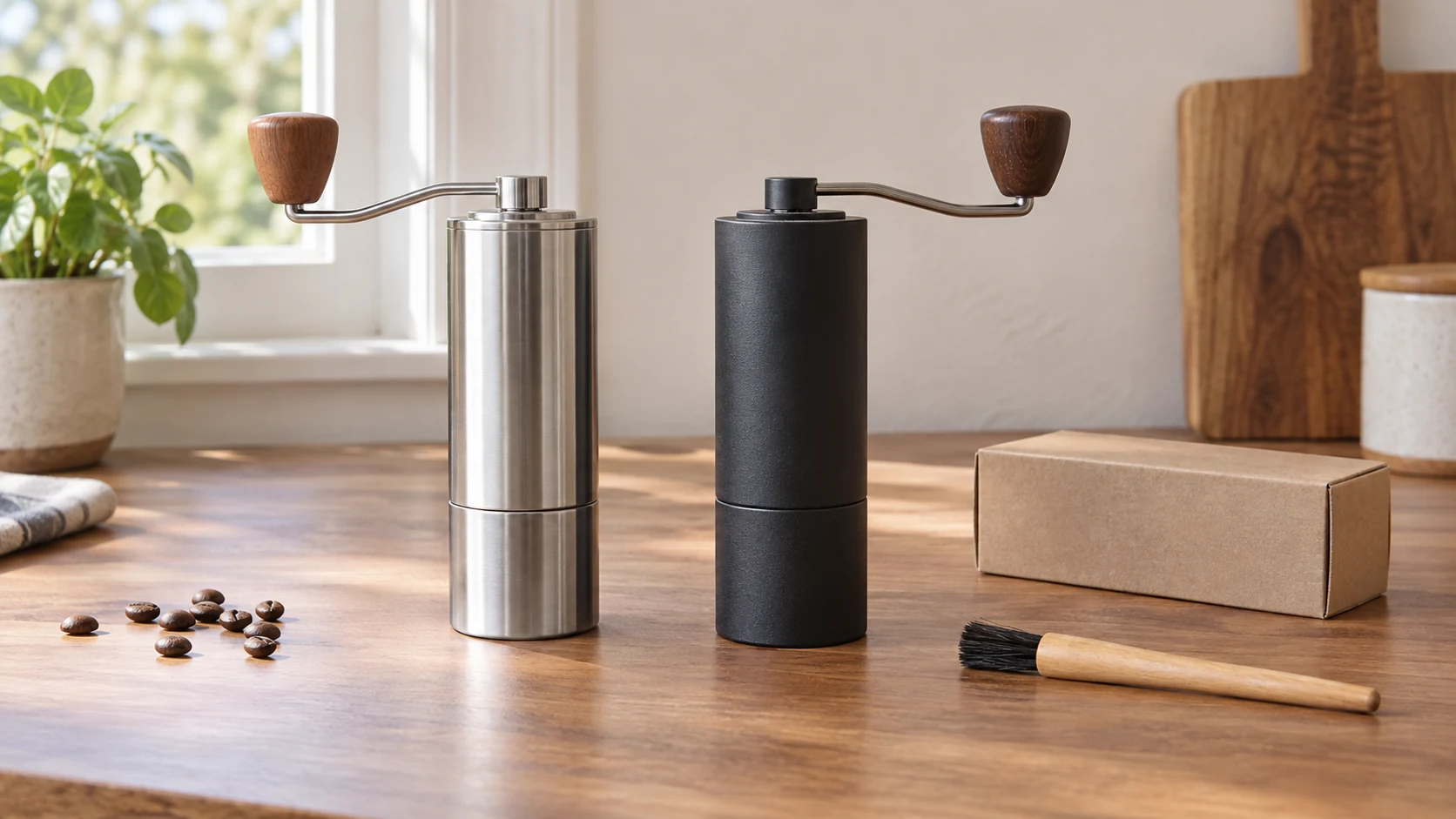 Manual coffee grinder materials and adjustment labels illustrated with two whole generic hand grinders at rest, a separate brush and closed accessory box; no exact models, supplied-tool guarantee or demonstrated adjustment.