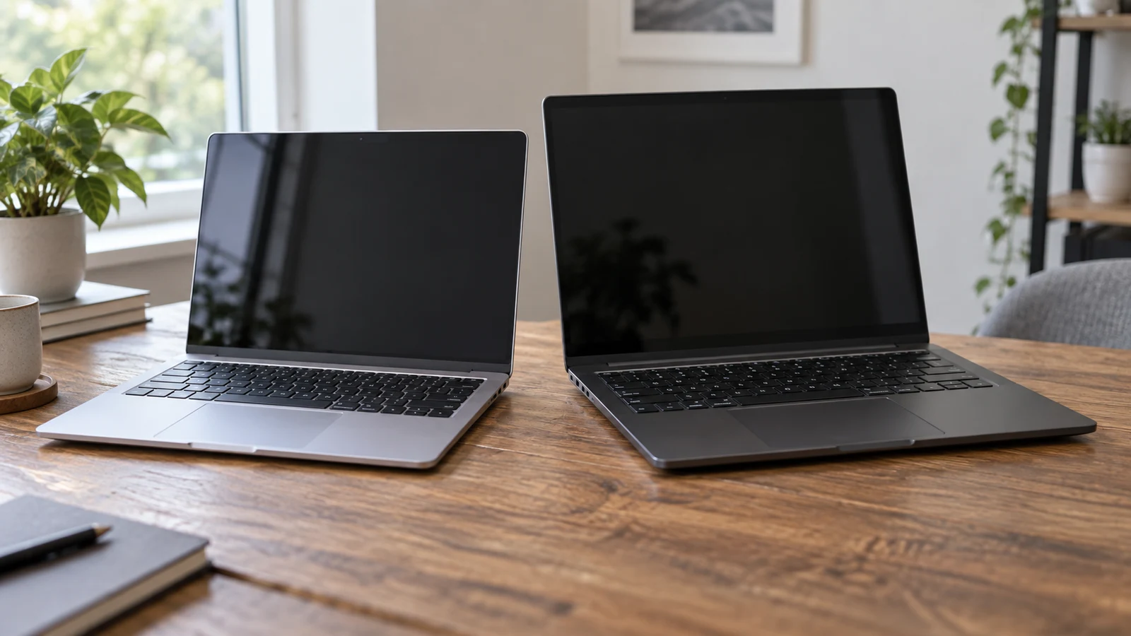Auusda 14.1-inch laptop: Two open, unbranded laptops with dark screens sit side by side on a wooden desk.