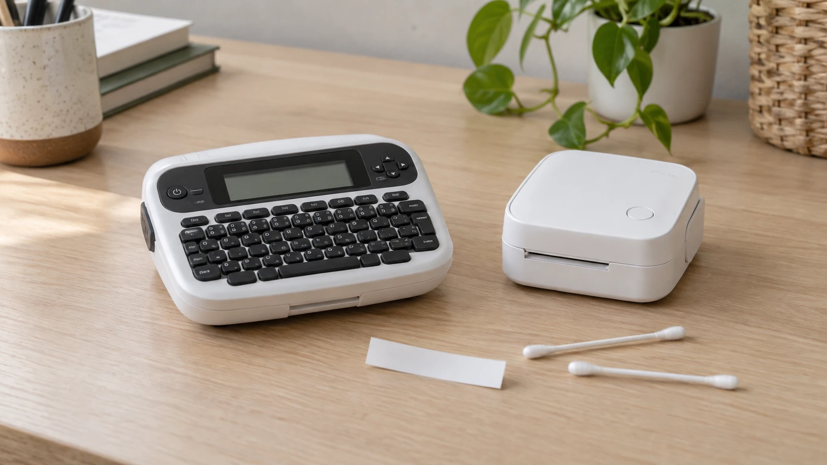 Label maker blank horizontal lines concept with two complete generic closed label makers, dry cotton swabs and blank tape on a desk.