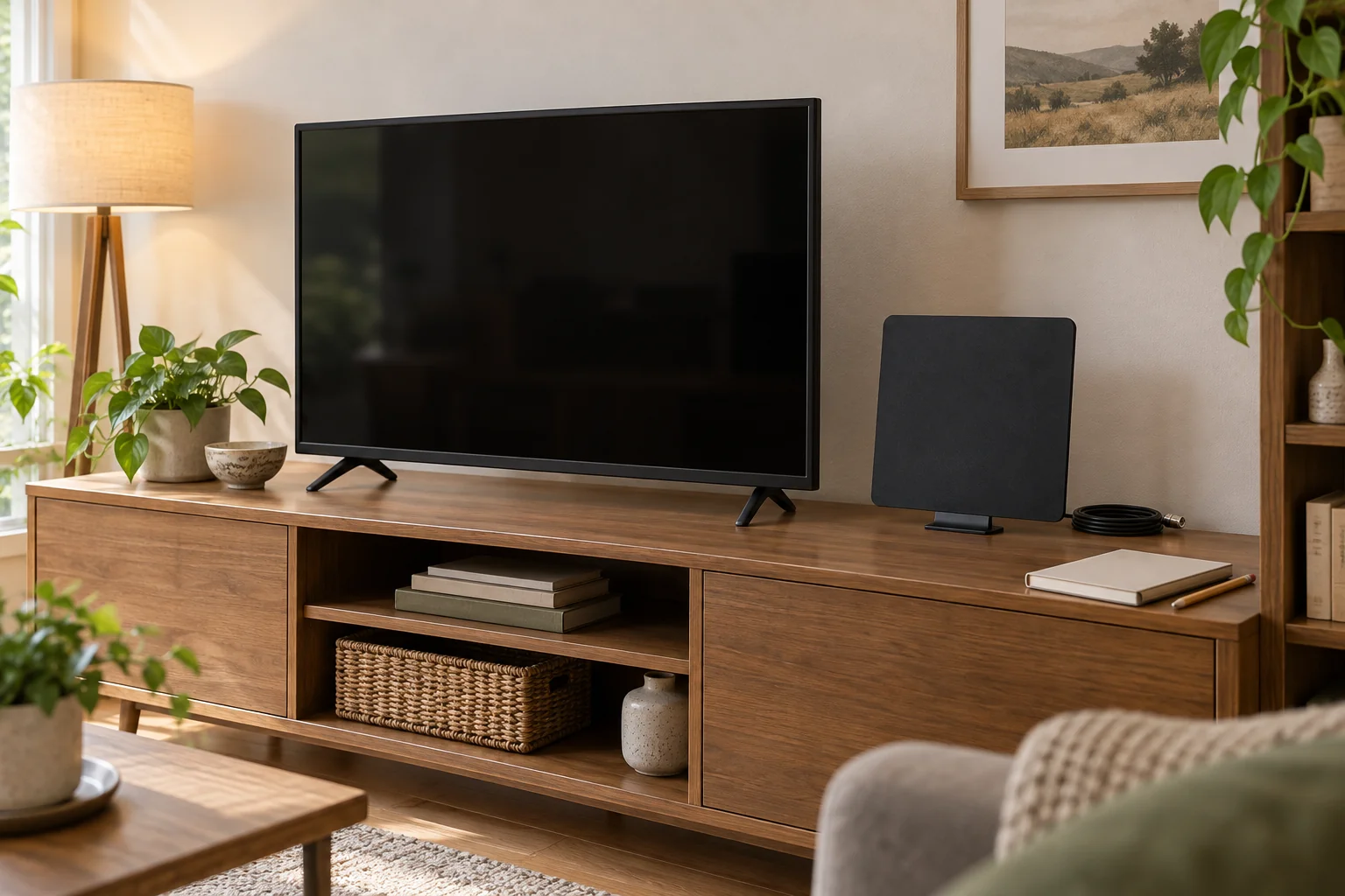TV antenna savings concept with a whole generic television, a whole flat indoor antenna, a closed notebook and a pencil on a console.