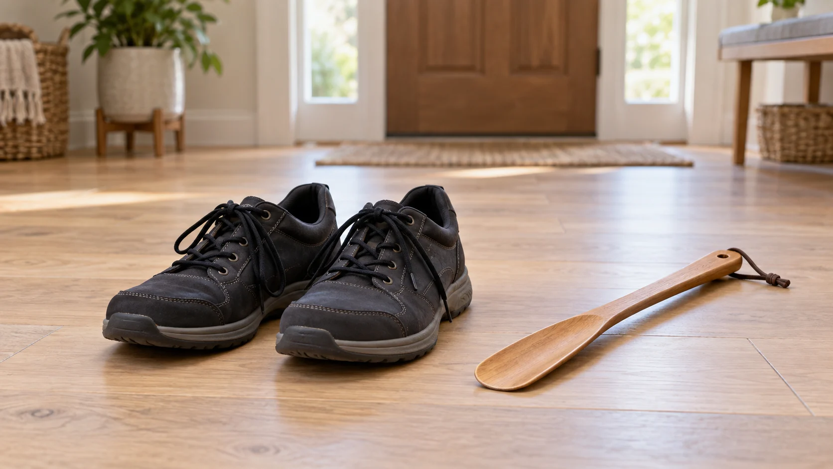 Shoe heel folding when putting shoes on concept with a whole generic pair of shoes and a separate long wooden shoehorn on an entryway floor.