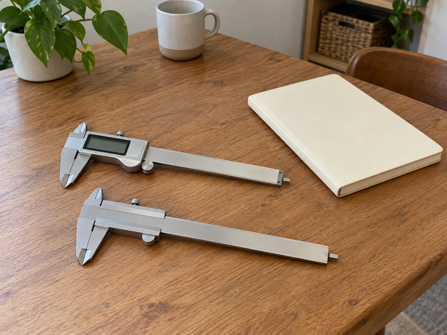 Caliper zero check concept with two complete generic inactive calipers, one blank digital display and unmarked rails beside a closed notebook.