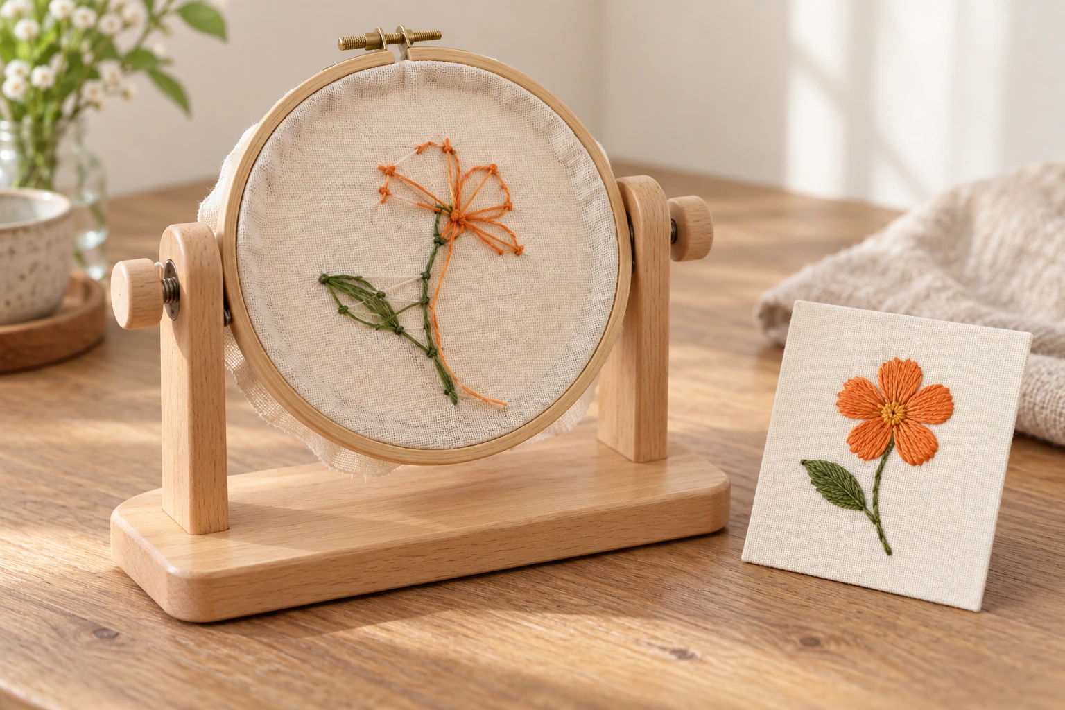 Embroidery back check with a rotating wooden hoop holder exposing the reverse of a small practice motif for comparison with its front.