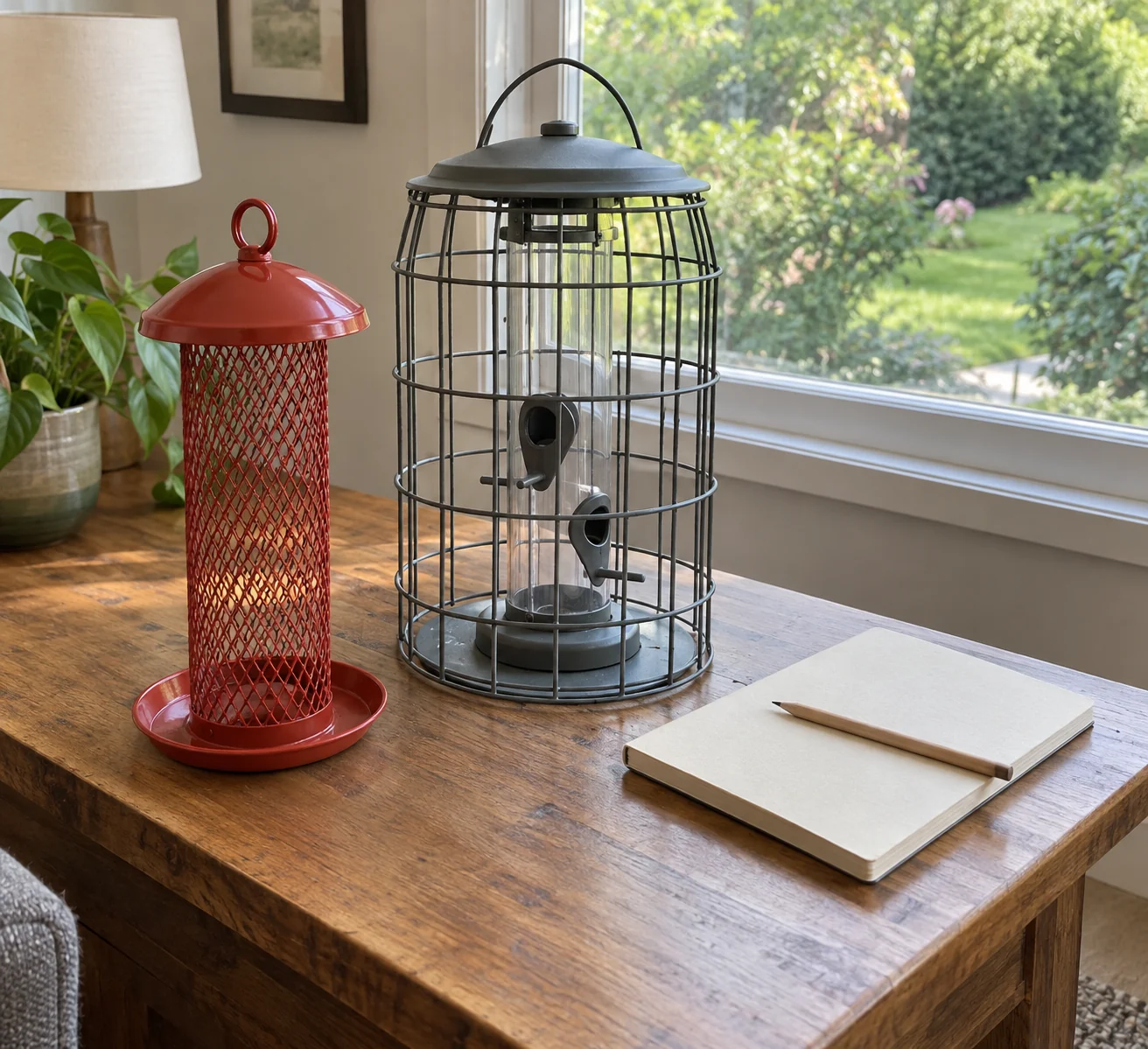 Window birdwatching concept with two complete generic empty feeder props, a closed blank notebook and a pencil on an indoor table beside a closed window.