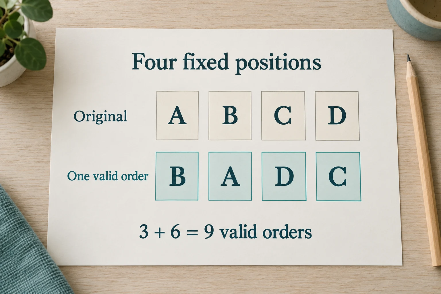 Derangement count shows the fixed original A B C D row and a valid B A D C row, with nine possible no-match orders.