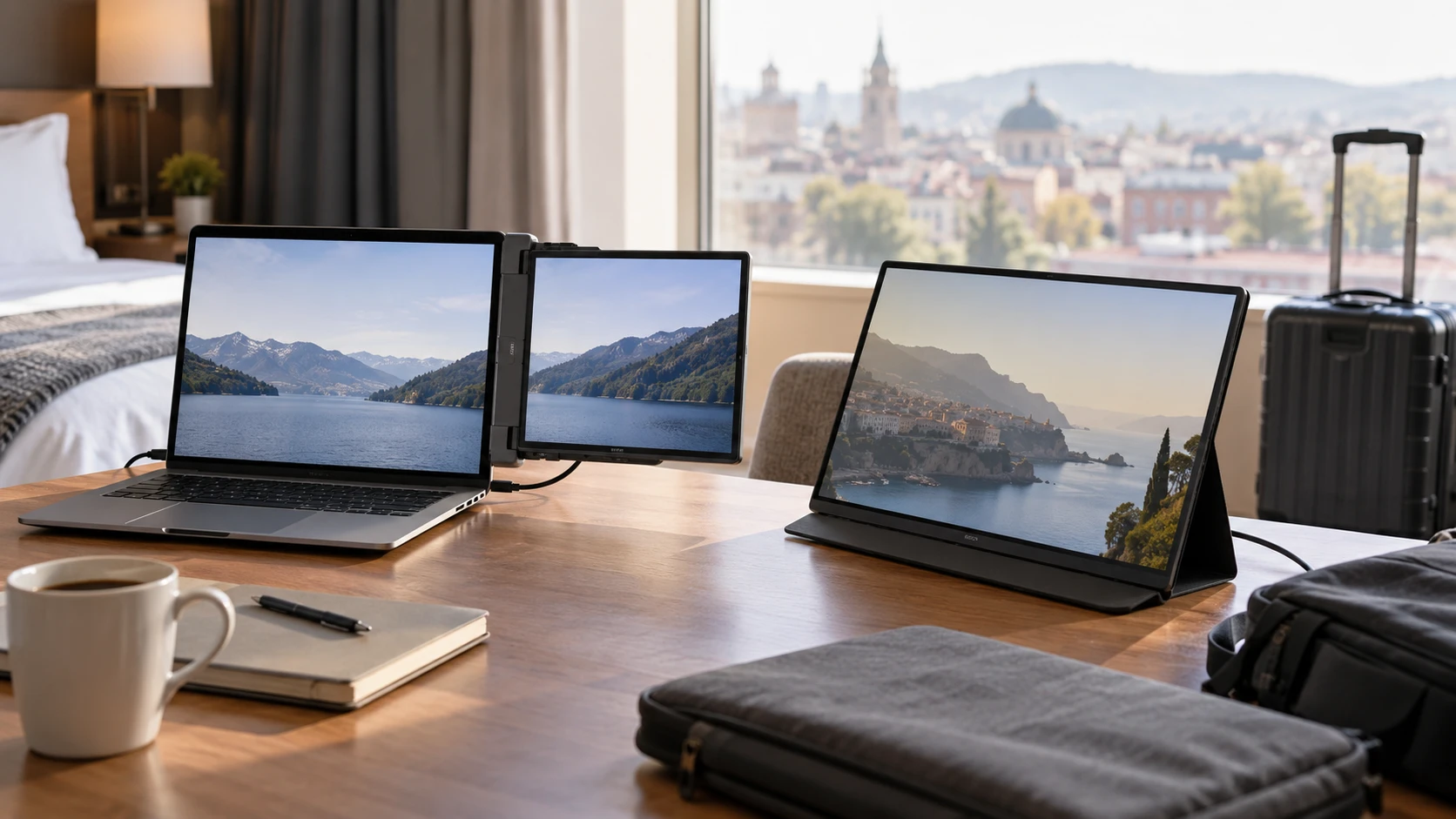 For Hyangin S8 laptop screen extender, consider power, screen position, laptop connections, and carrying space when building a travel desk.