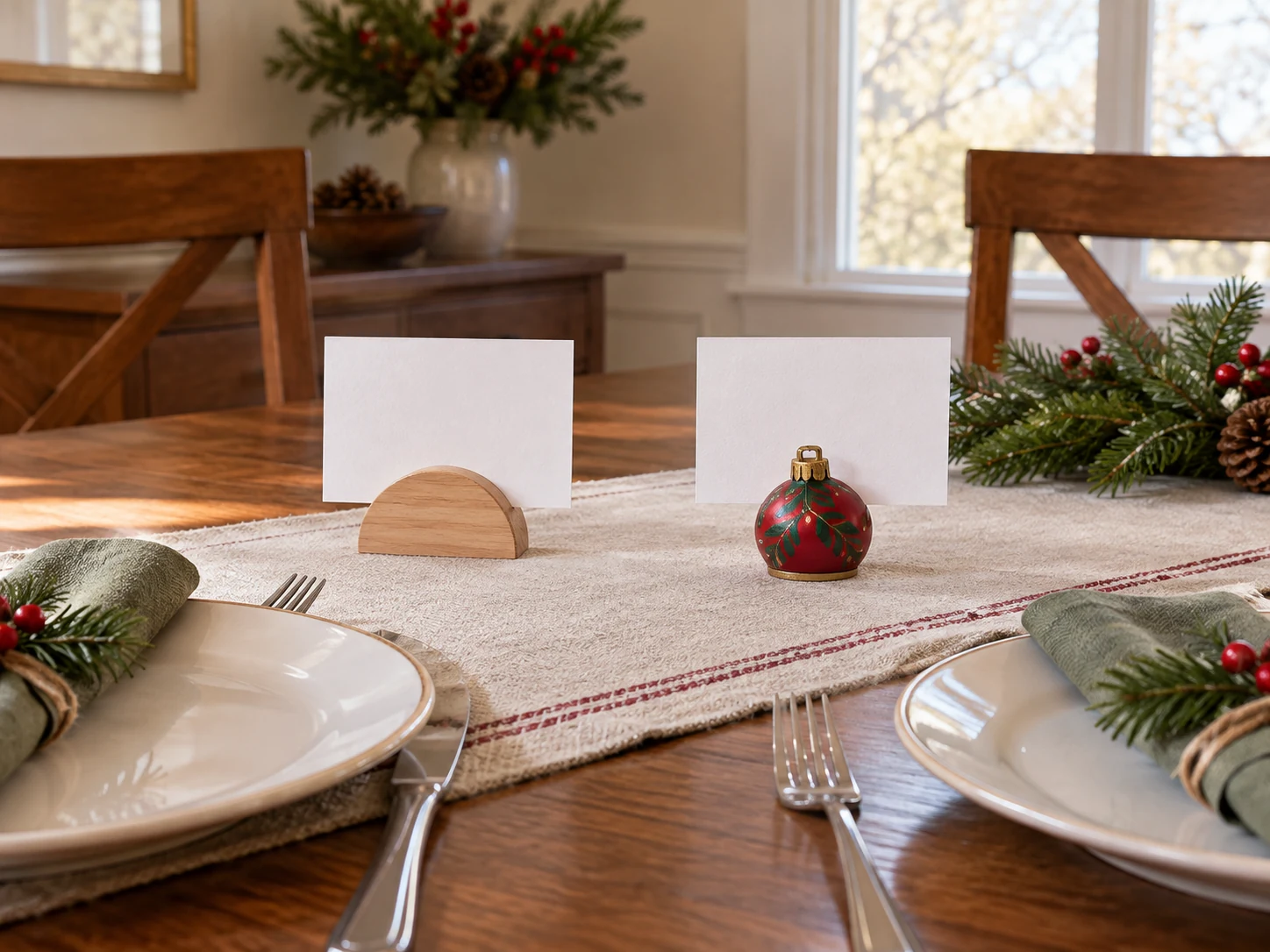 Christmas dinner place cards concept with two whole generic blank cards in separate wooden and festive ornament-style holders at a dining table.