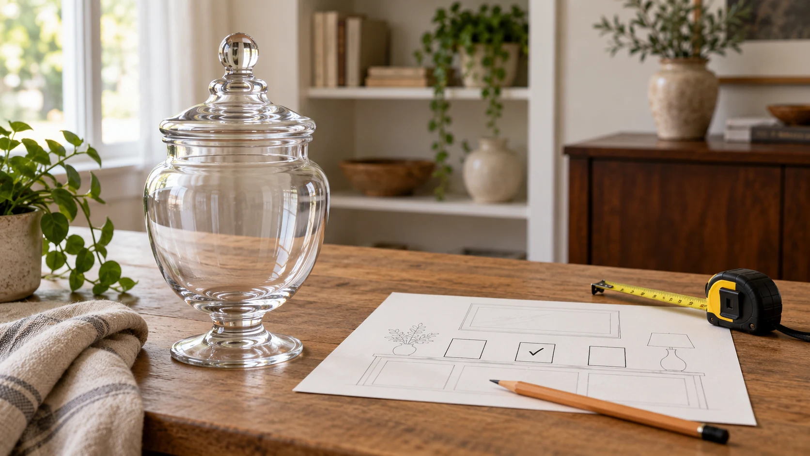 A decorative apothecary jar budget plan with one clear lidded jar, a placement sketch, pencil and measuring tape on a worktable.