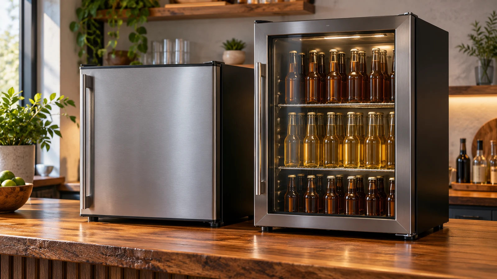 Corona mini beer fridge: A solid-door mini fridge and a glass-door cooler filled with bottles stand on a wooden counter.