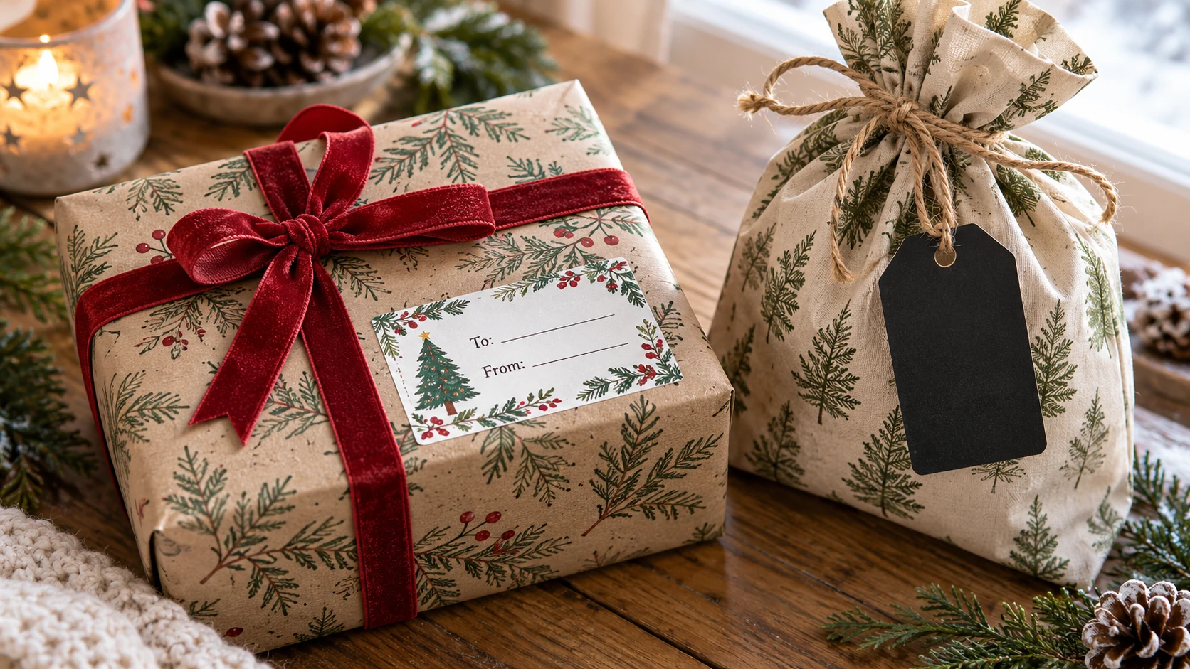Christmas gift tags at a wrapped-present handoff, with a recipient label on a box and a separate tie-on tag positioned for easy reading.