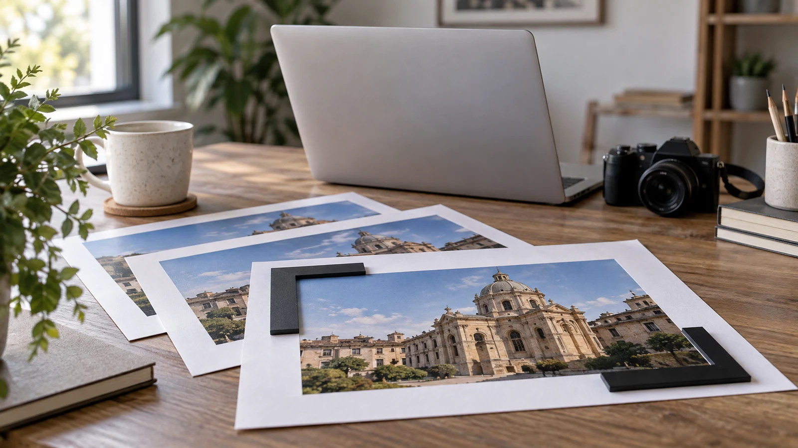 Dell Inspiron PDF page cropping: Photo prints with black crop guides lie beside an unbranded laptop on a wooden desk.