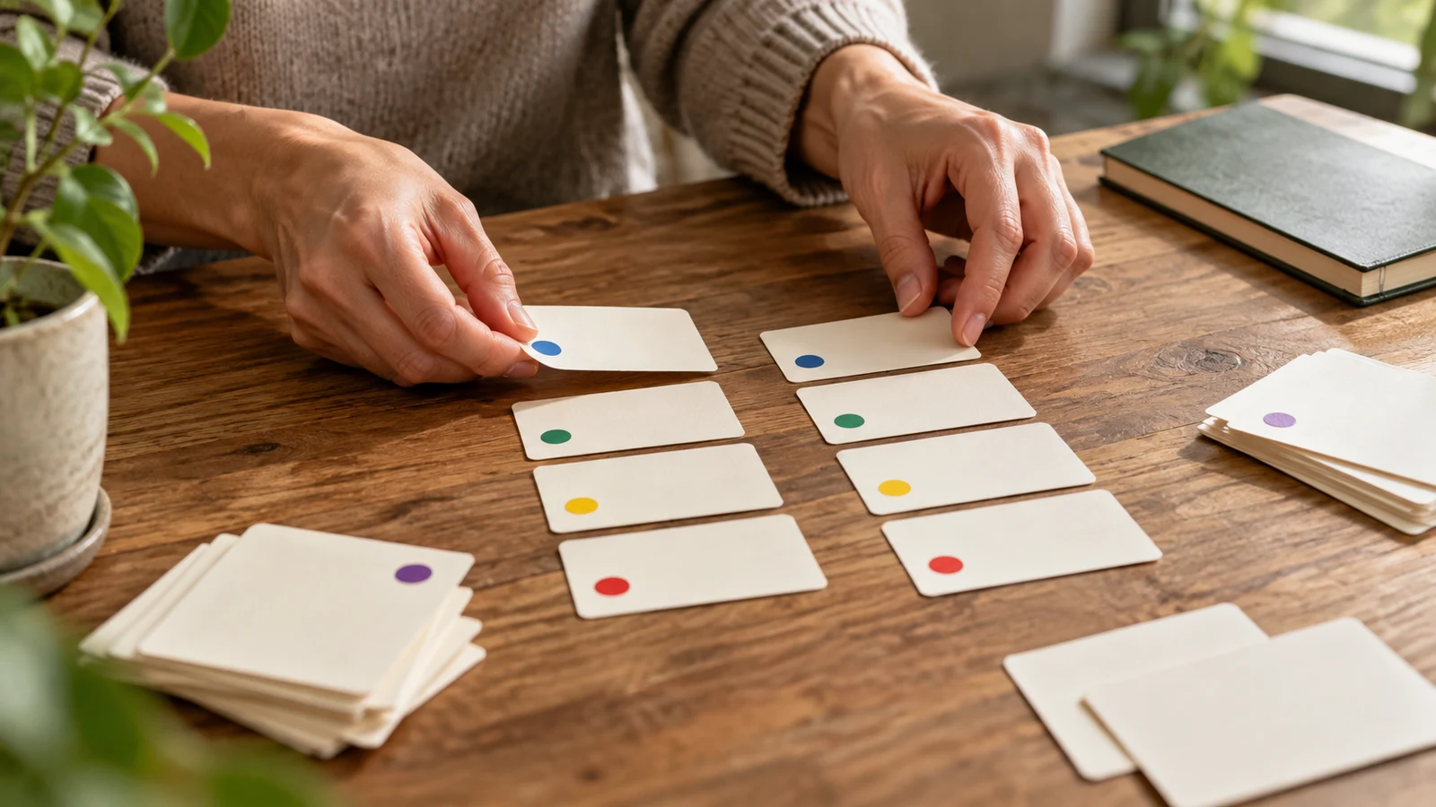 table joins: Hands arrange cream cards with colored dots in two columns on a wooden desk.