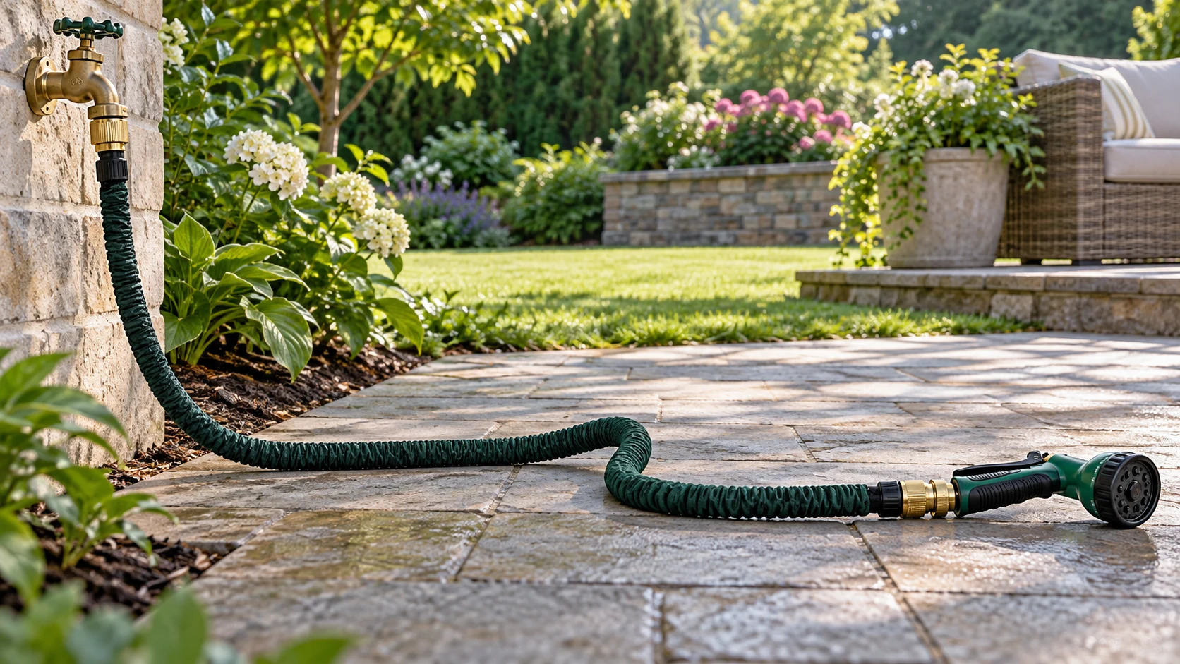 Expandable garden hose not expanding diagnosis illustrated by a garden tap, a laid-out hose with a visible bend, and a separate spray nozzle.