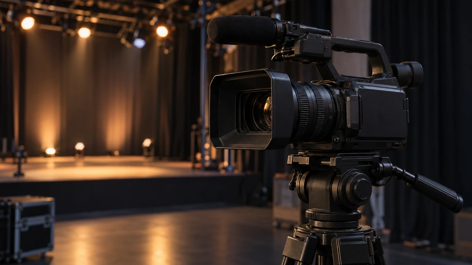 JVC GY-HM250U camcorder: An unbranded black camcorder with a microphone rests on a tripod beside an illuminated stage.