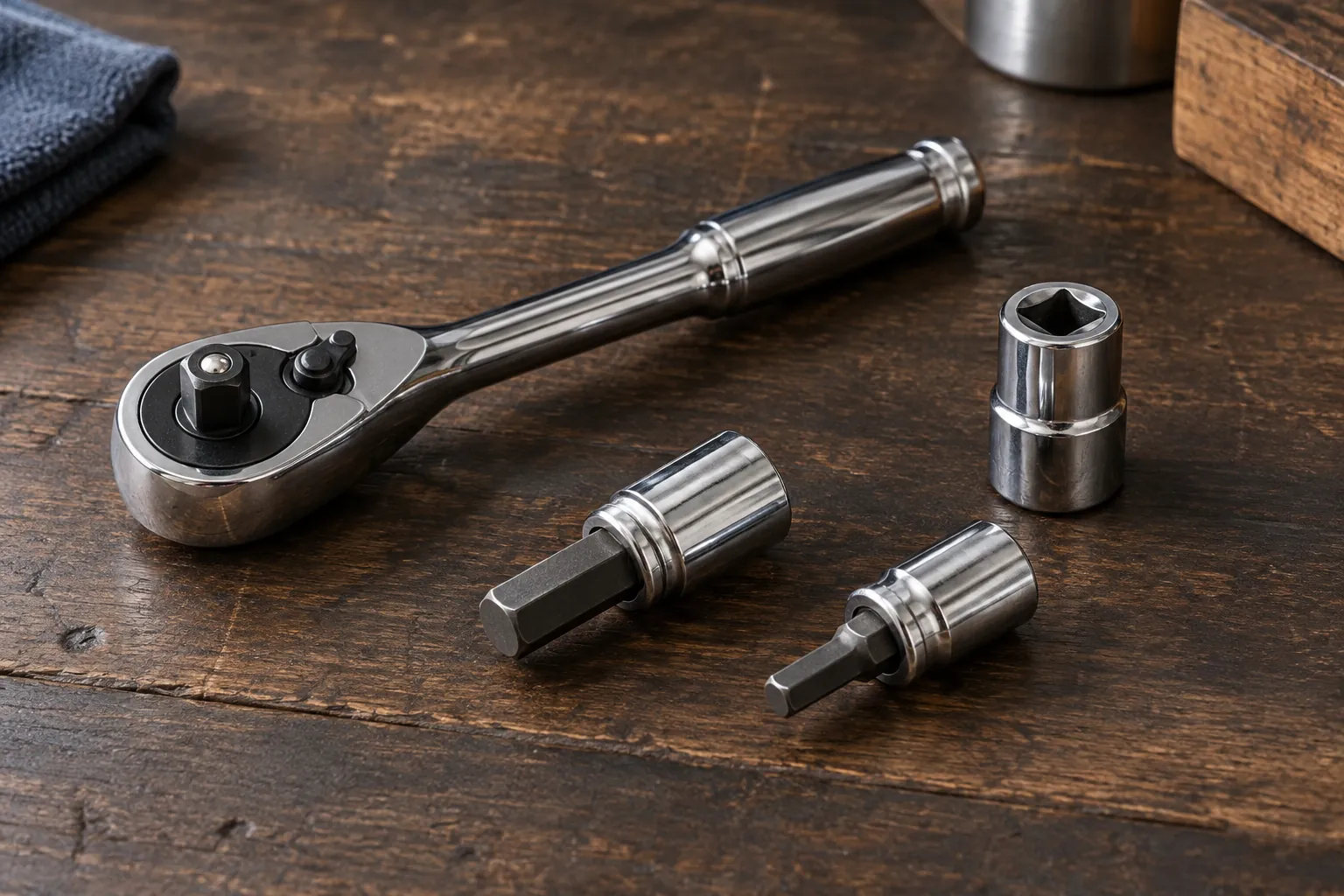 Hex bit socket compatibility concept with a complete generic unconnected hand ratchet and loose sockets showing hex tips and a square opening