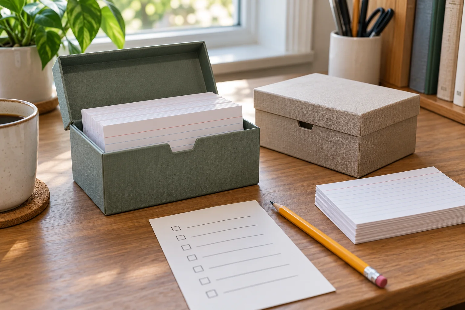 Index card box quantity planning on a desk with one open card box, one closed box, blank cards and a checkbox worksheet.