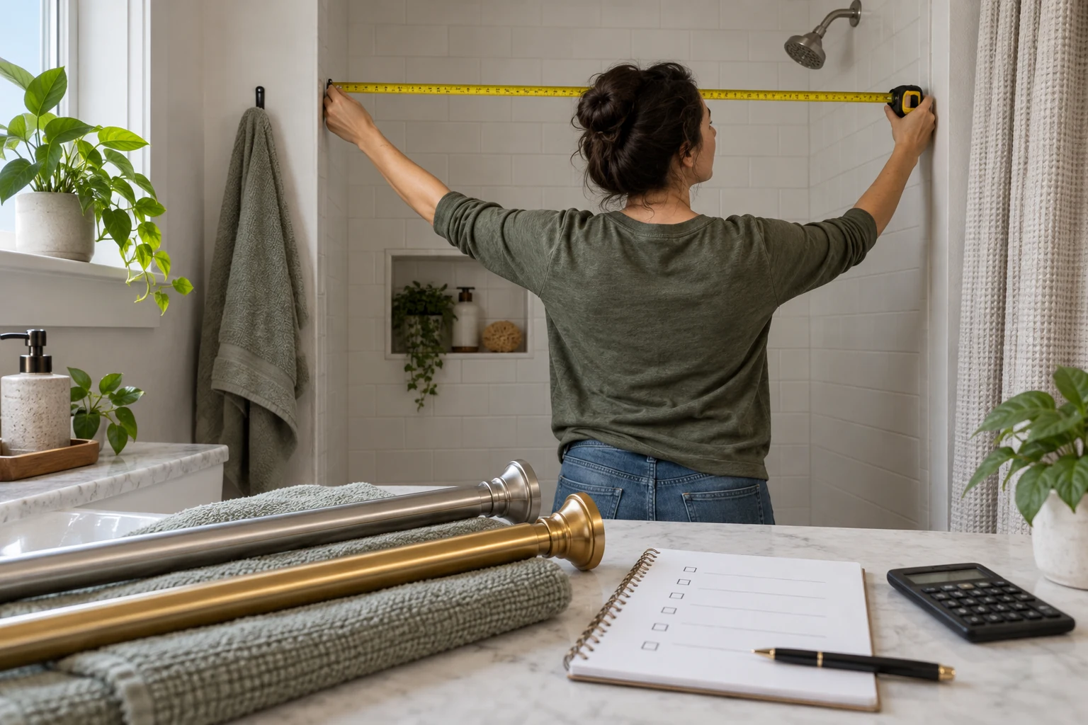 Shower curtain rod total cost planning with a person measuring a shower opening and two rod options beside a worksheet.