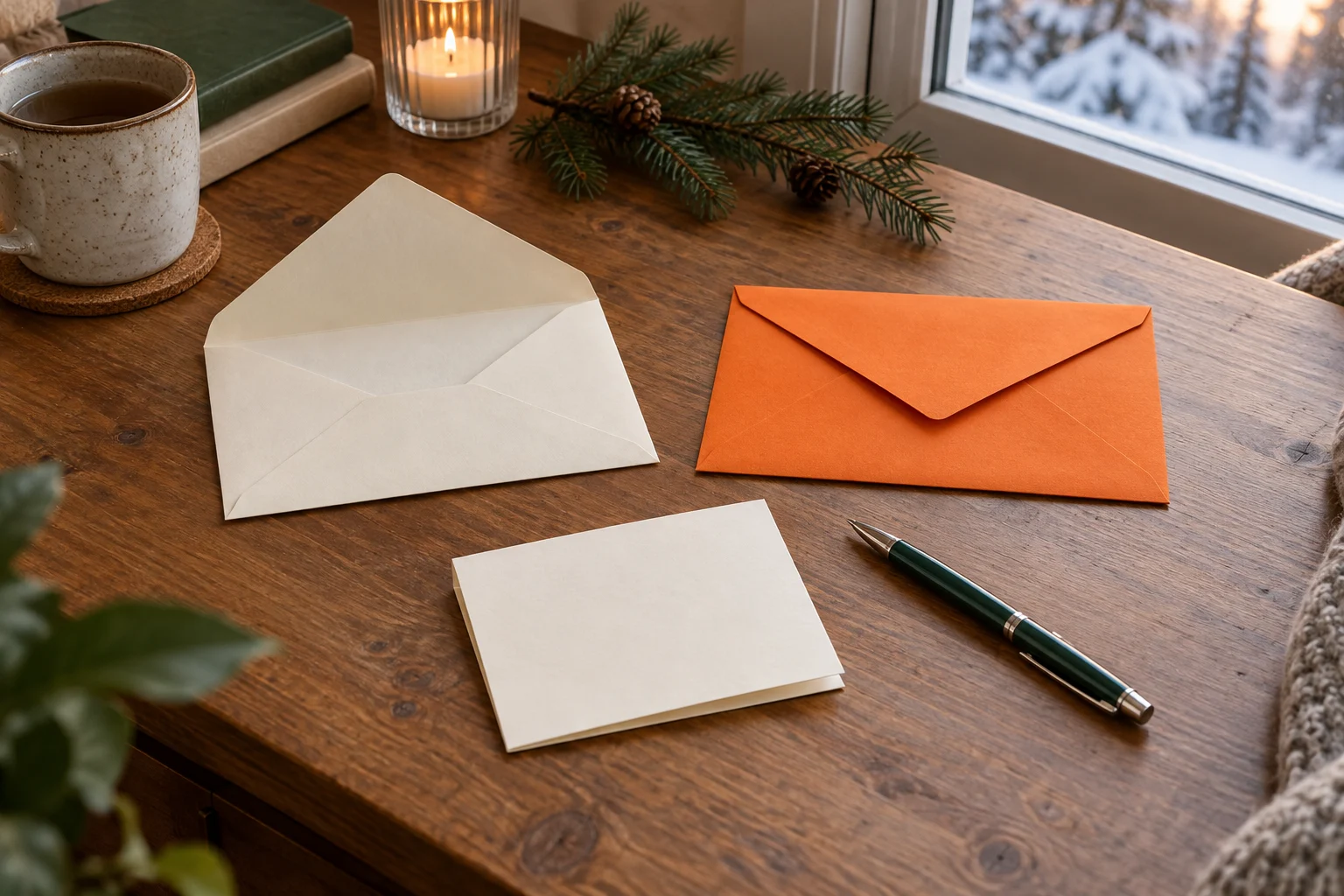 New Year letter concept with two whole generic cream and orange envelopes, a blank folded sheet, a pen and an evergreen sprig on a wooden desk.