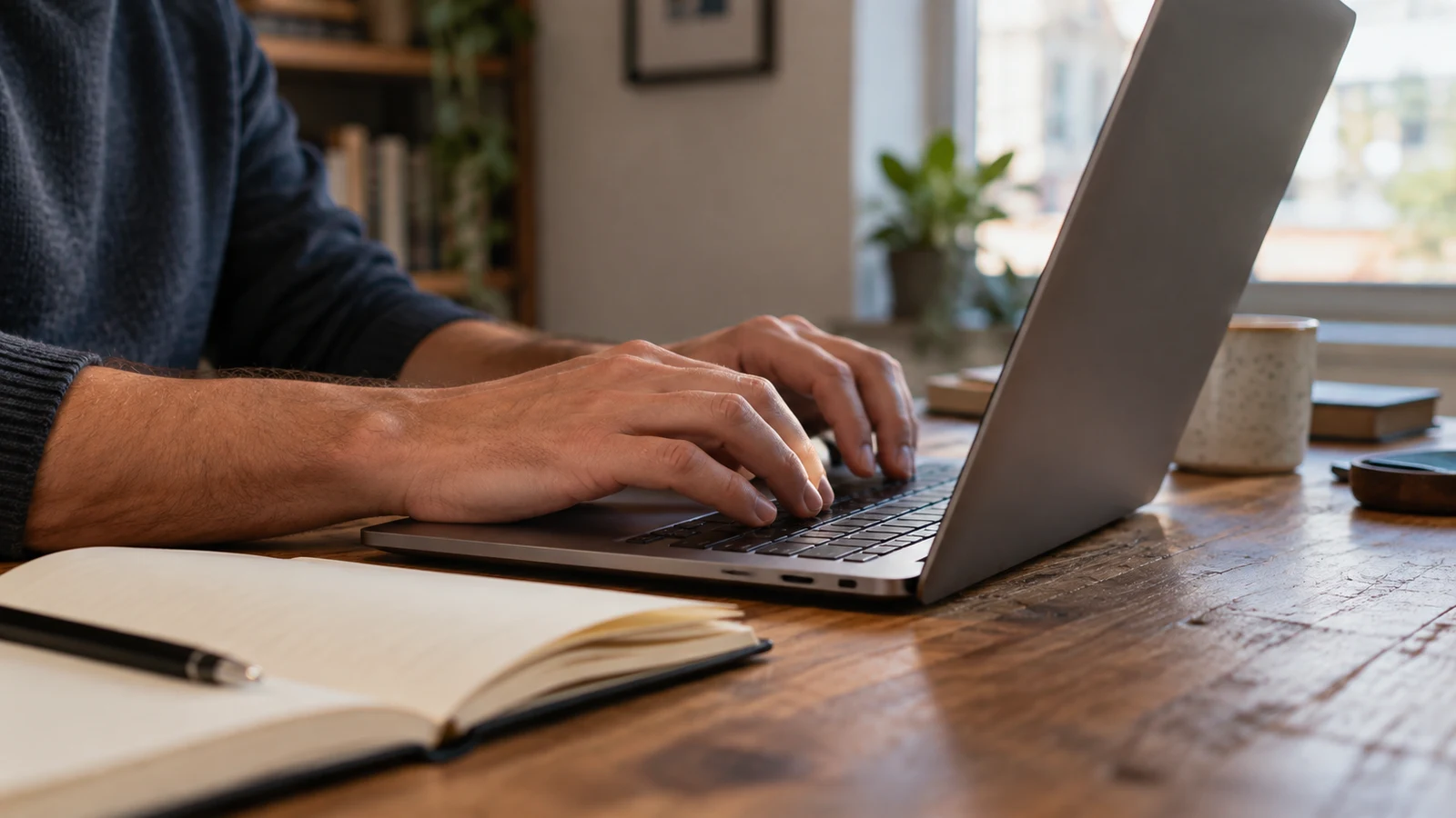 email subject lines: A person types on a laptop at a wooden desk beside an open notebook.