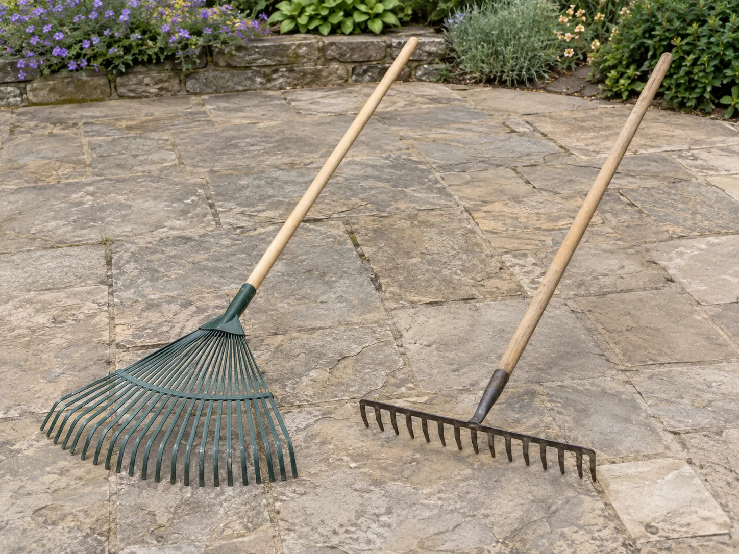 Garden rakes concept with a complete generic leaf-gathering rake and rigid soil rake resting separately on a dry patio.