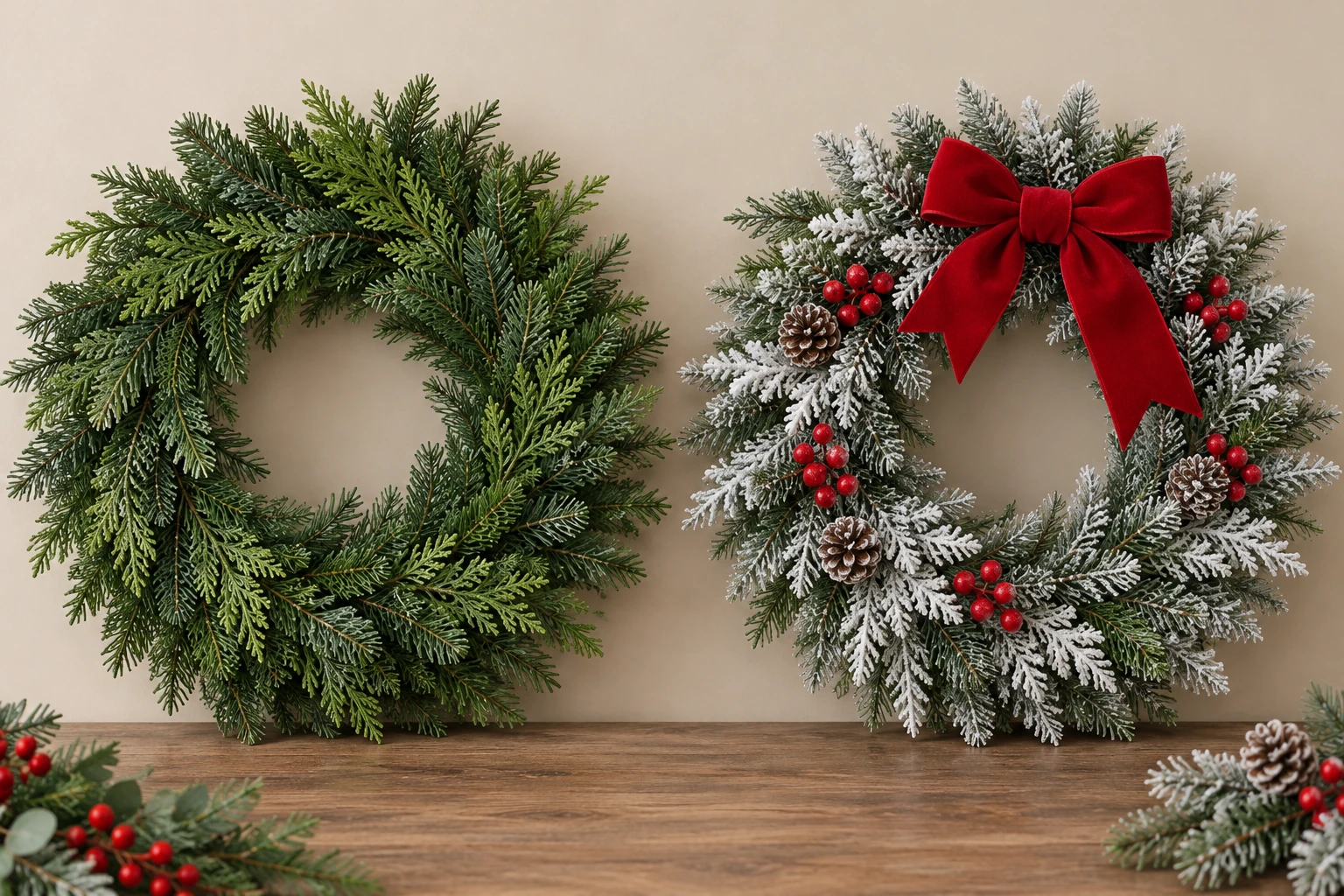 Christmas wreath listing comparison: a plain green wreath and a frosted wreath with a red bow and berries, isolated from staged room props.