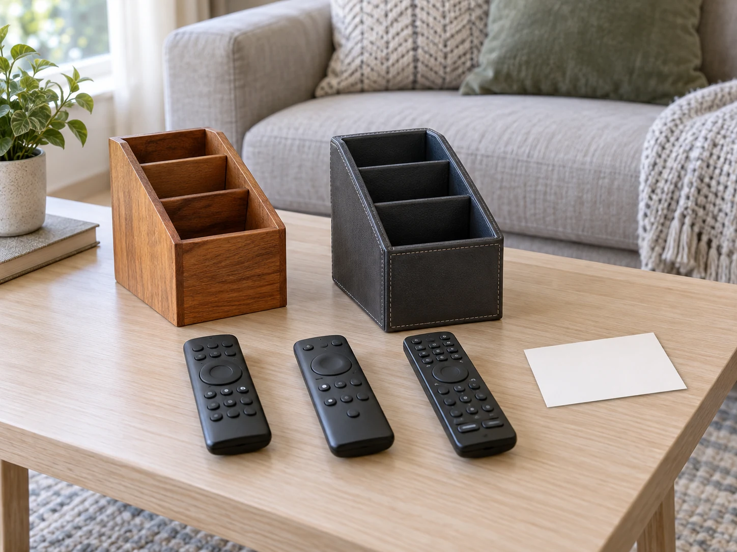Shared remote control storage concept with two complete generic caddies, three whole separate inactive remote controls and a blank note card on a table.