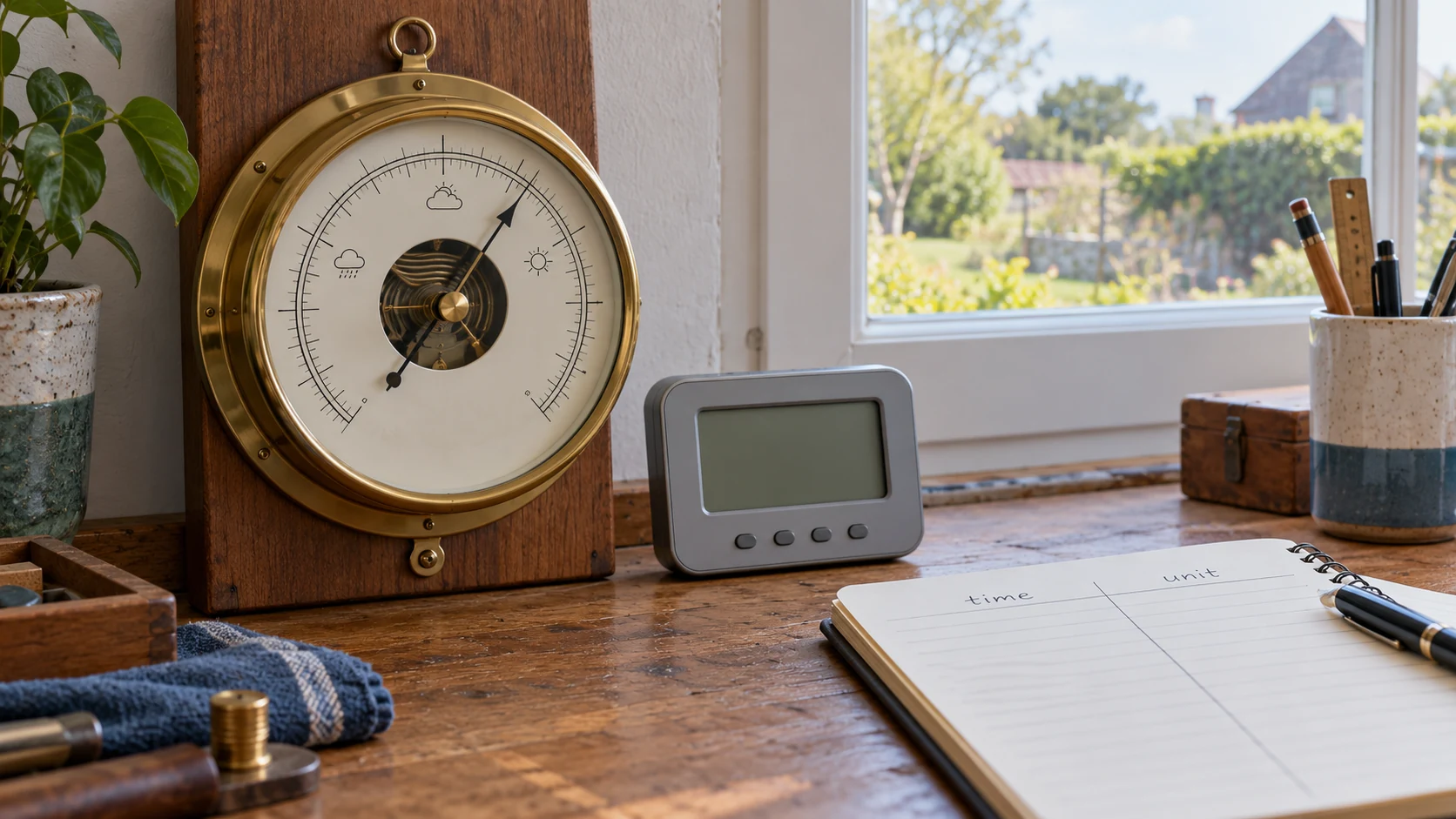 A barometer reading comparison setup with a brass dial, a blank digital display, and notebook columns for time and unit.