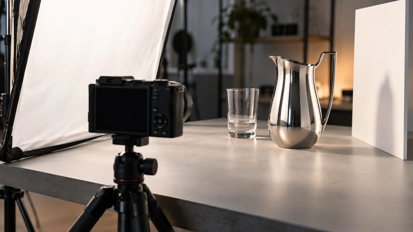 Sony ZV-1 II product photos: A tripod-mounted camera faces a reflective metal pitcher and a clear glass on a studio table.