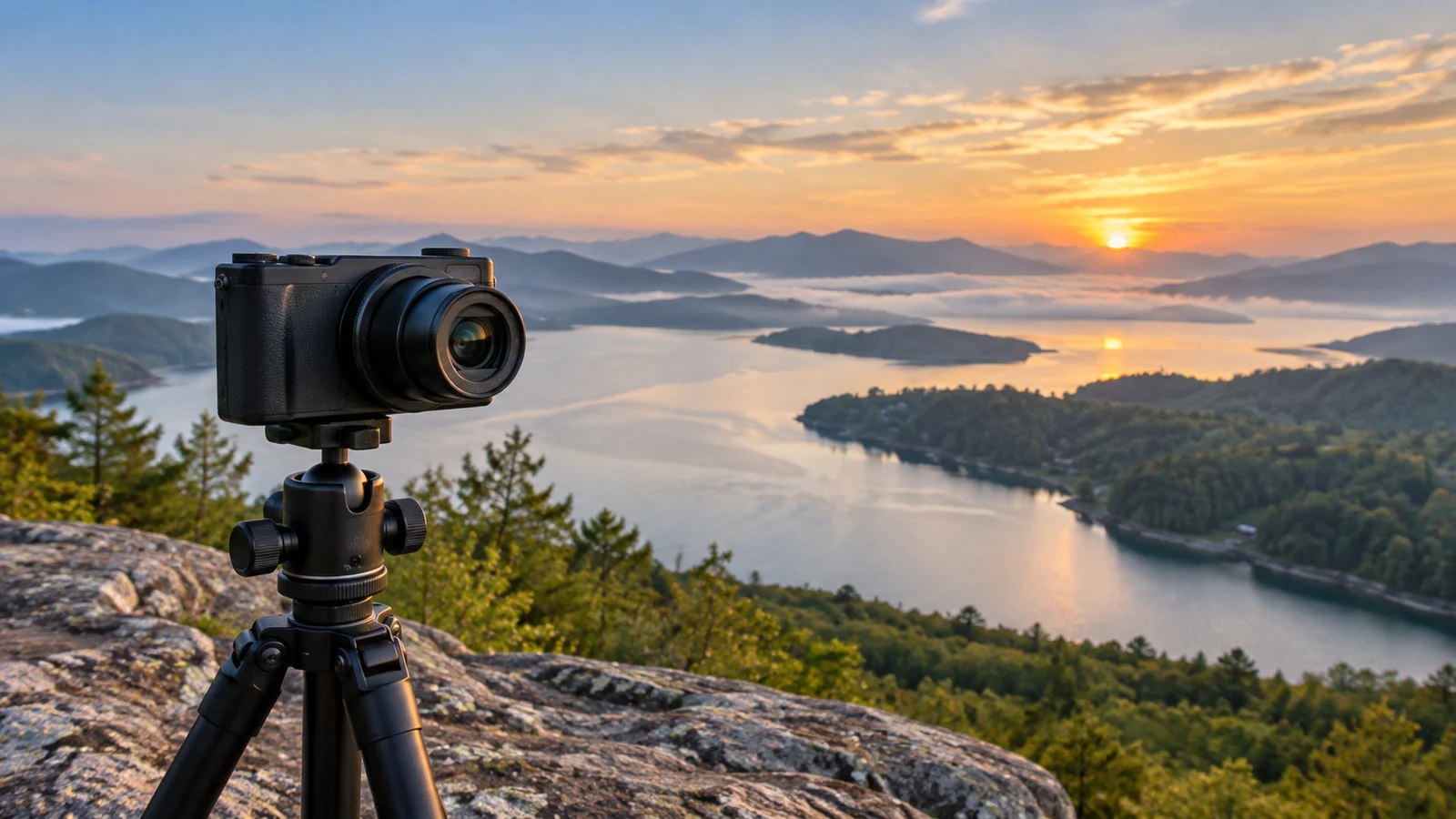 Sony ZV-1 II panorama planning: A black camera on a tripod stands on rock above a lake backed by wooded hills.