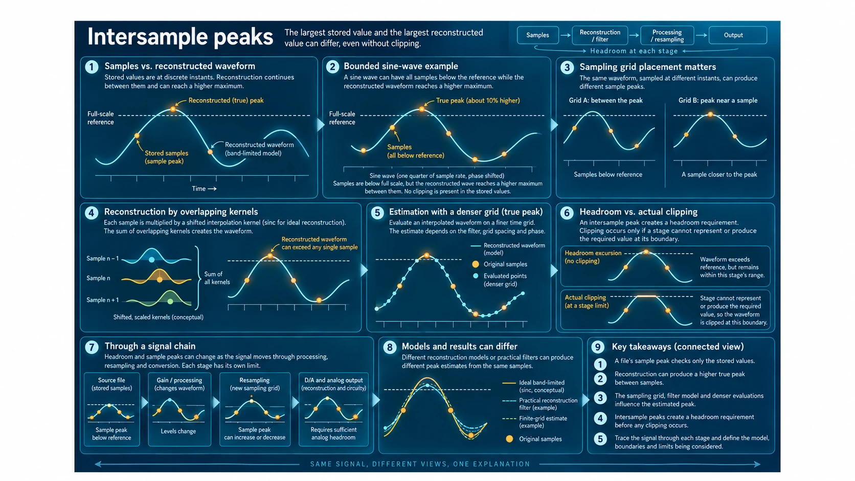 Intersample peaks illustrated through stored samples and reconstructed maxima, interpolation kernels, true-peak estimation, sampling-grid placement, clipping boundaries and headroom across processing and output stages.