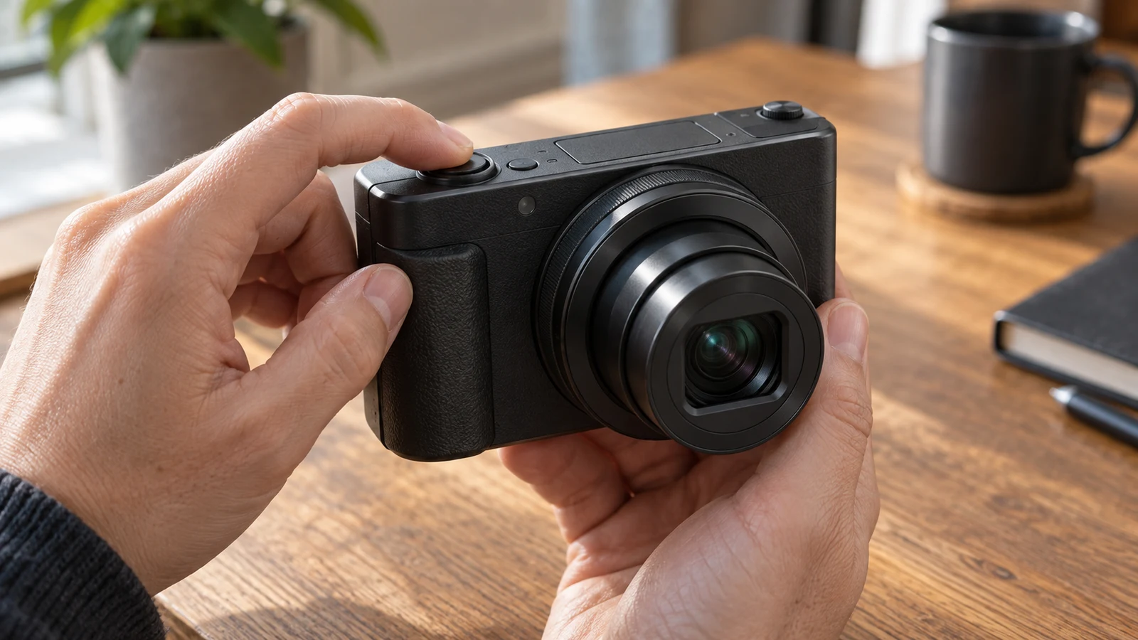 Sony ZV-1 II photo and video switching: Hands hold an unbranded compact camera above a wooden desk.