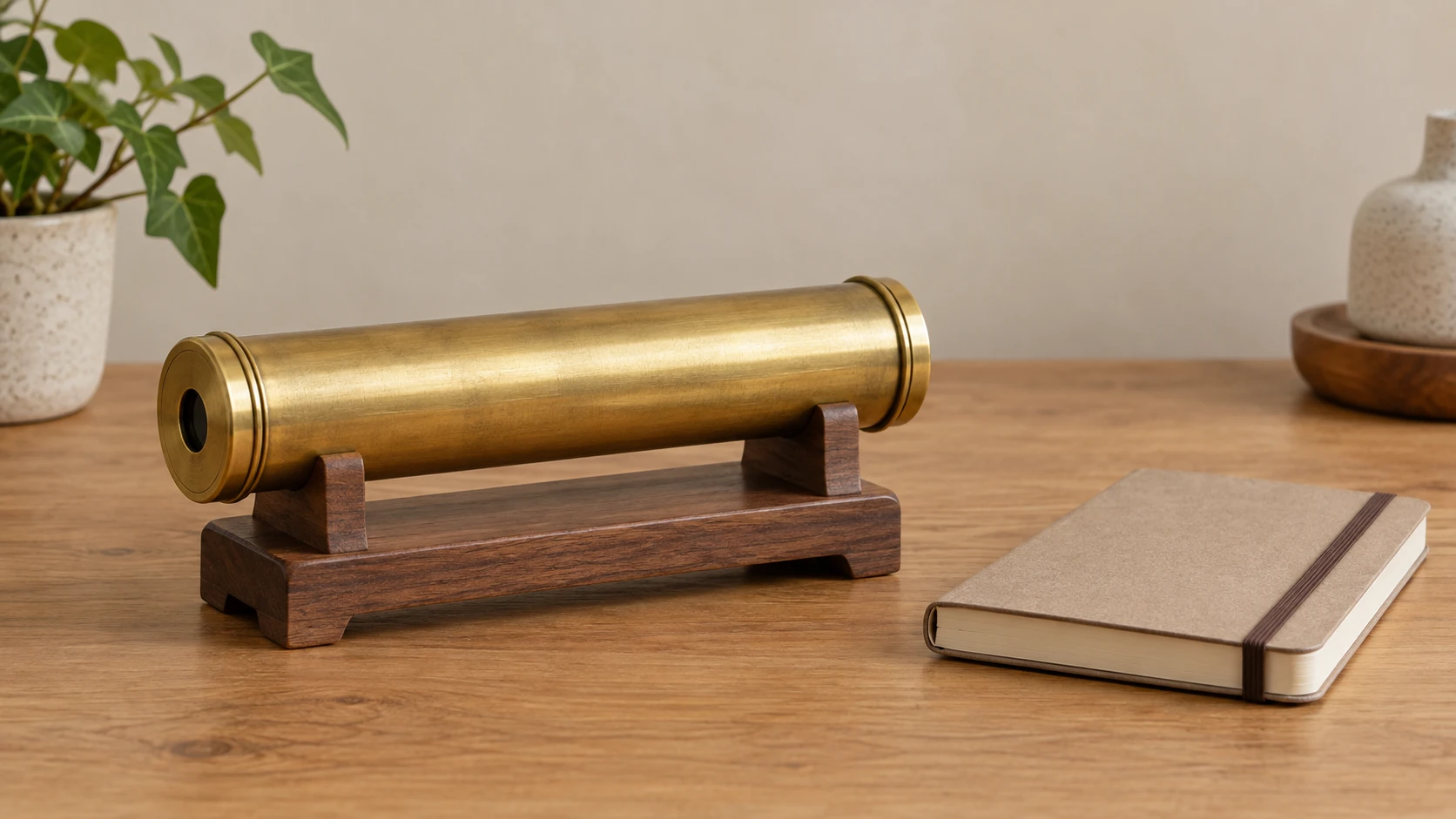 Why kaleidoscope patterns repeat concept with a whole generic brass-coloured viewing tube, a whole wooden stand and a whole closed notebook.
