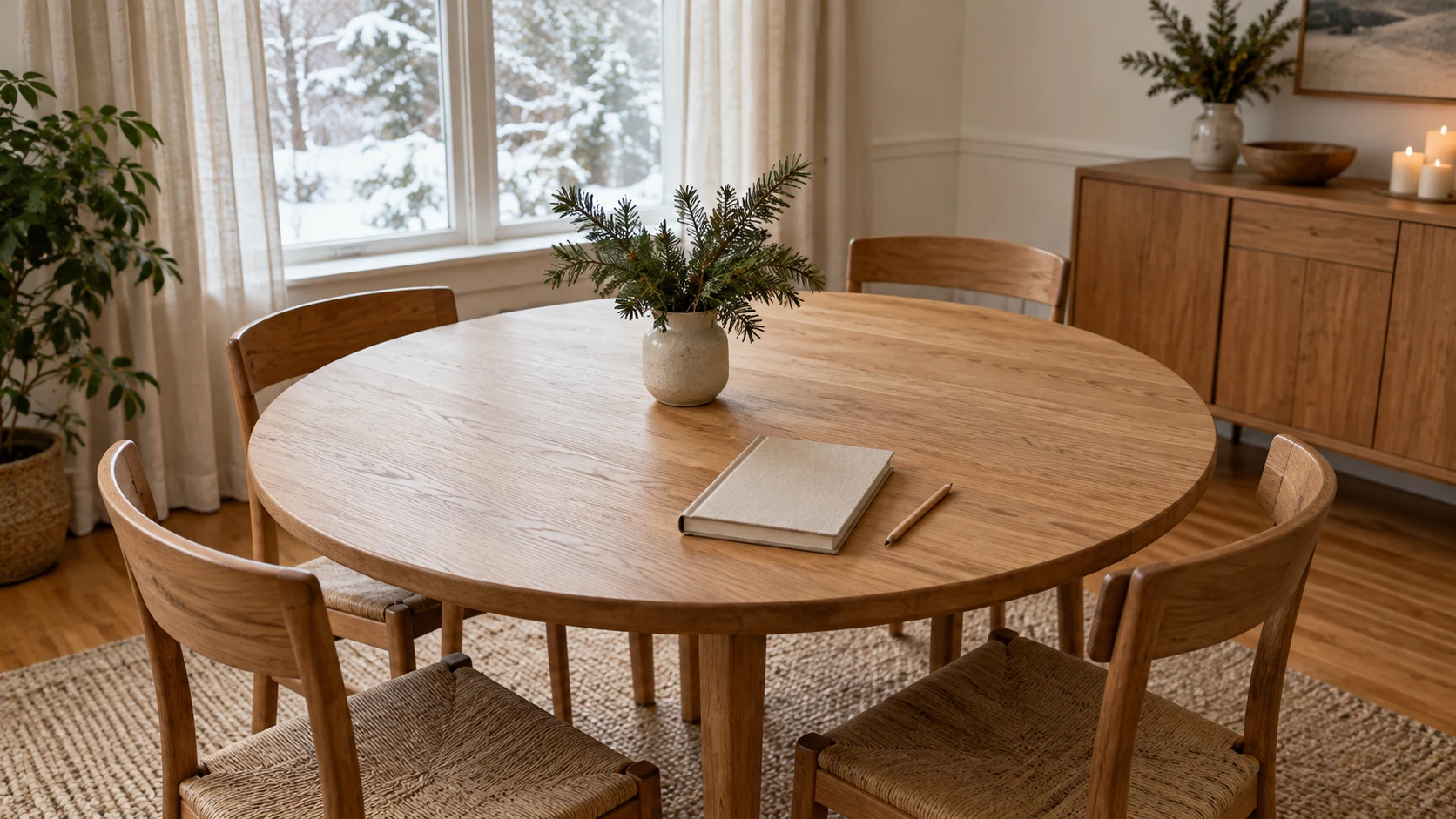 A holiday dining guest checklist illustrated by a plain round table, chairs and blank closed notebook; conceptual hosting scene.