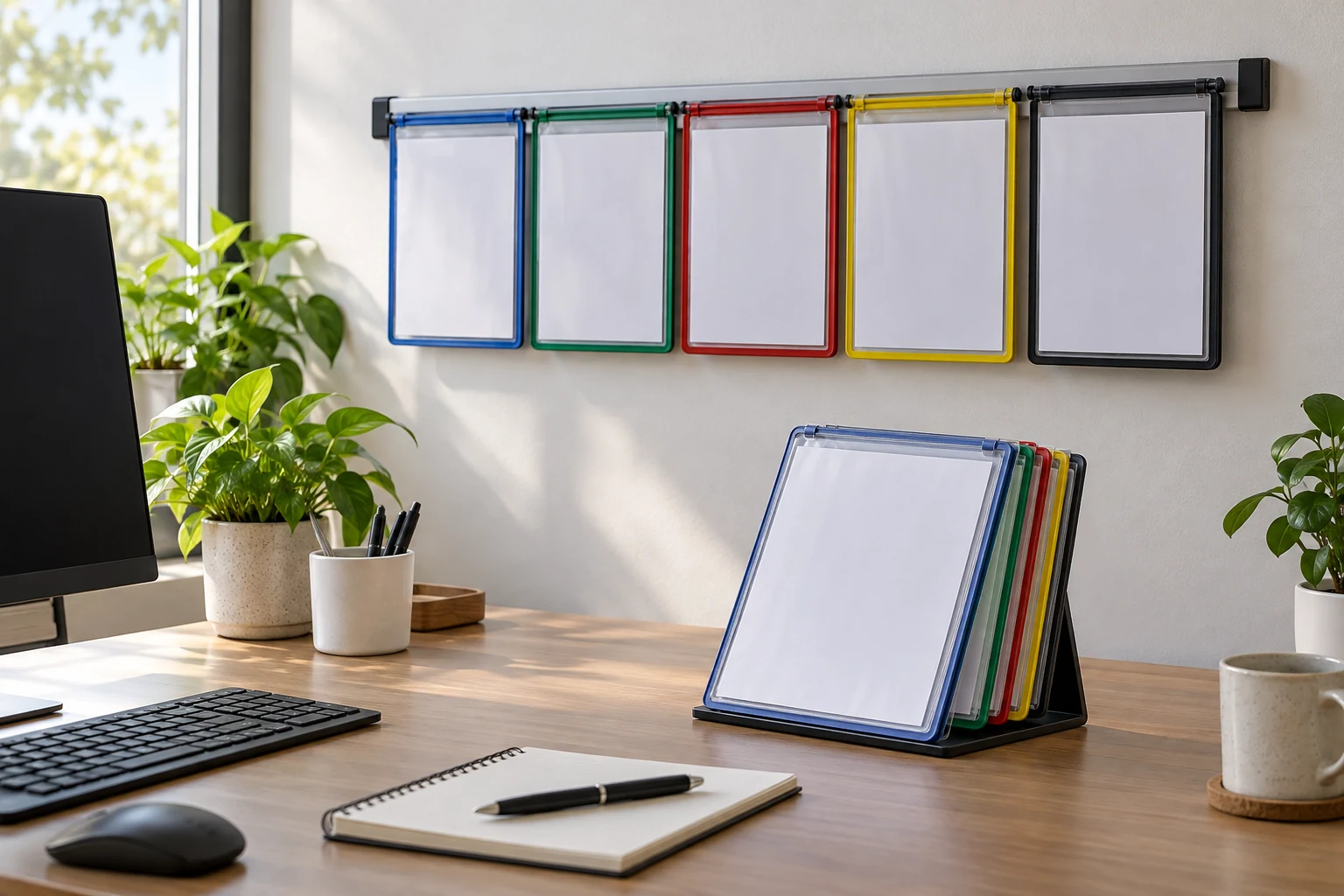 Reference sheet keeps getting lost, illustrated with a wall-mounted colored-edge flip-pocket display and a separate desktop reference stand.