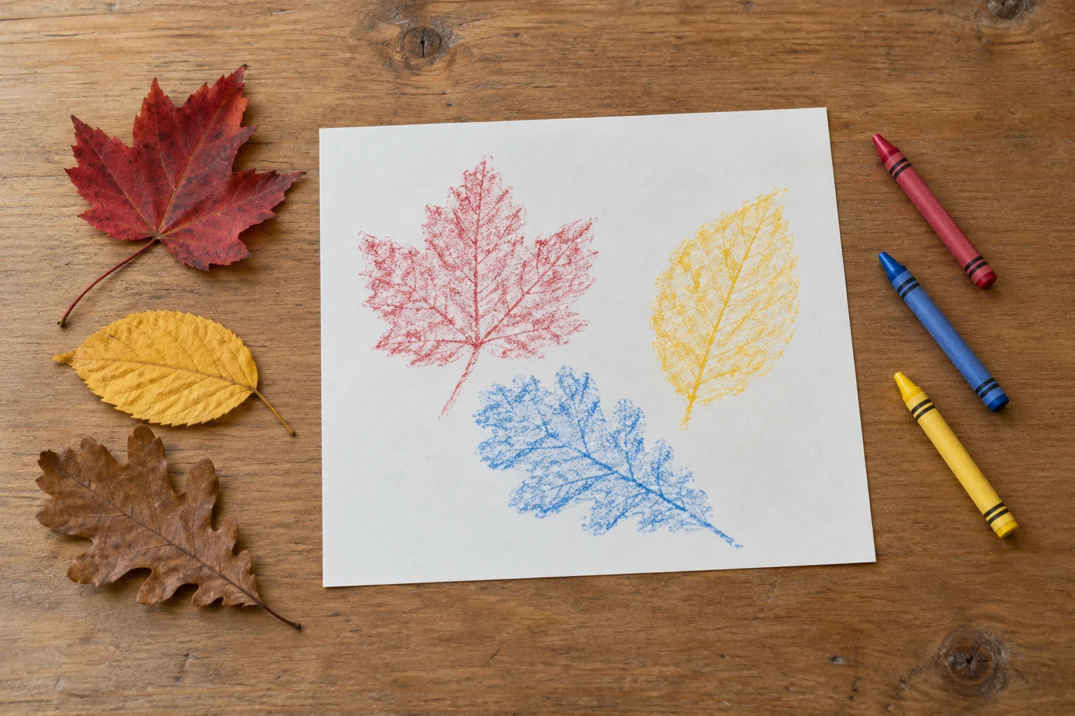 Make leaf rubbings with crayons concept showing three whole generic leaves, separate crayons, and a complete sheet with three colored leaf impressions.