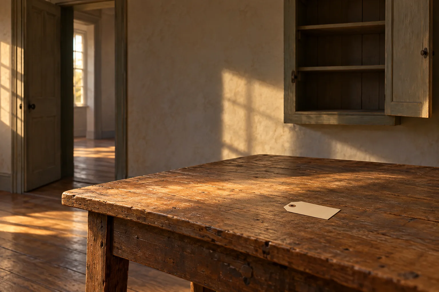 The stage directions in a short play leave a loose paper label on an empty worktable after the fictional characters depart.