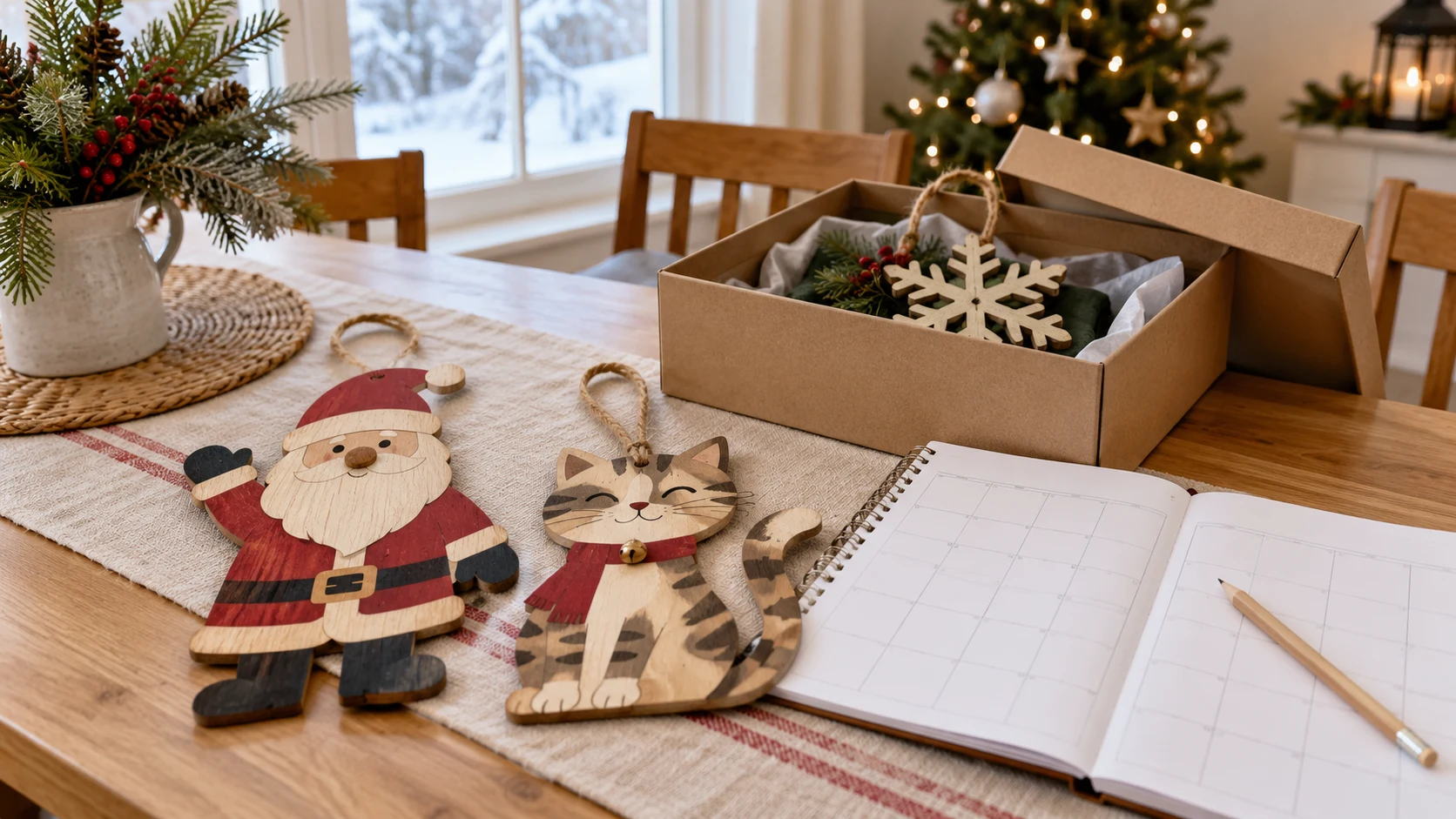 Christmas door hanger cost planning shown by two decorative holiday door shapes beside an existing storage box and a blank use calendar.