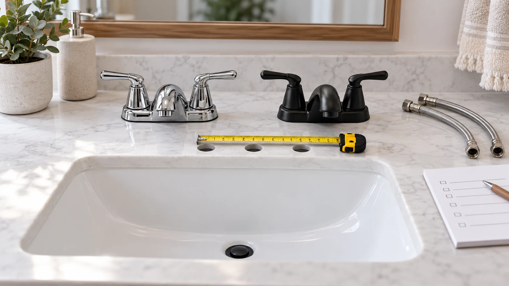 4 inch centerset bathroom faucet fit comparison with a chrome two-handle faucet, a matte-black two-handle faucet, sink-hole measurements and connection notes.