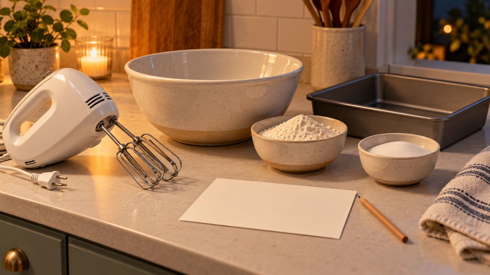 hand mixer baking night shown by a hand mixer, bowl, measured ingredients and blank recipe card on a compact kitchen counter.