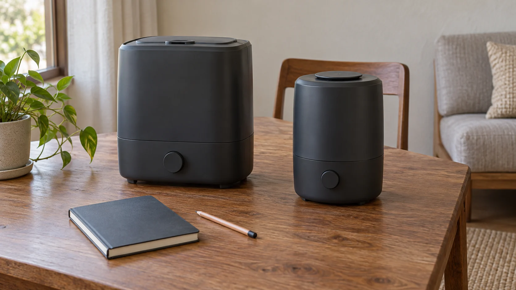 Humidifier tank capacity illustrated by two complete generic inactive dark-charcoal humidifier-shaped appliances beside a whole closed notebook and pencil on a home table.